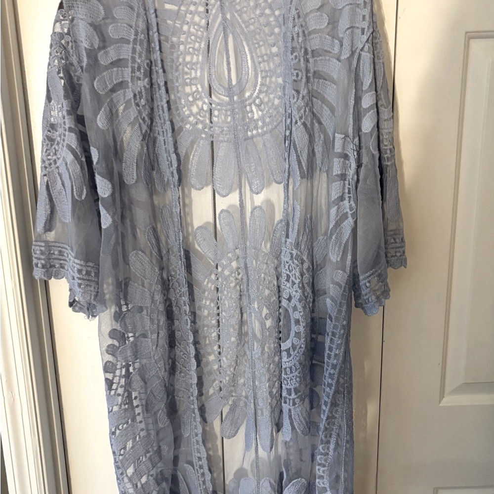 NWOT Lavender Periwinkle Bohemian Lace Long Sleeve Sheer Coverup. Duster. Medium